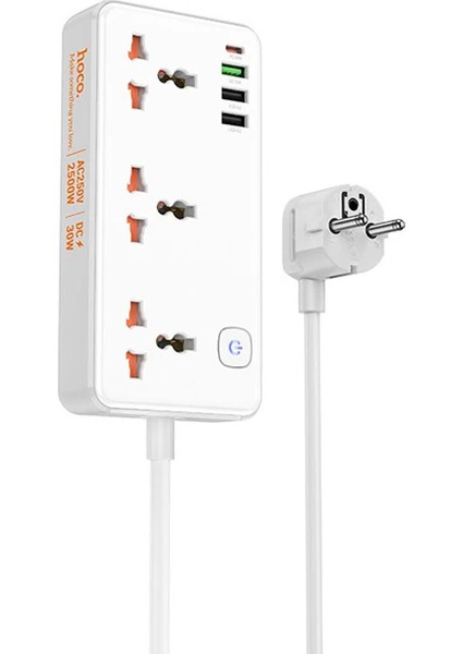 Hoco AC8A 2500W 3 Priz + 3 USB + 30W Type-C Multifonksiyonel Priz Çoğaltıcı Şar - HBPAV7339-39 modelleri