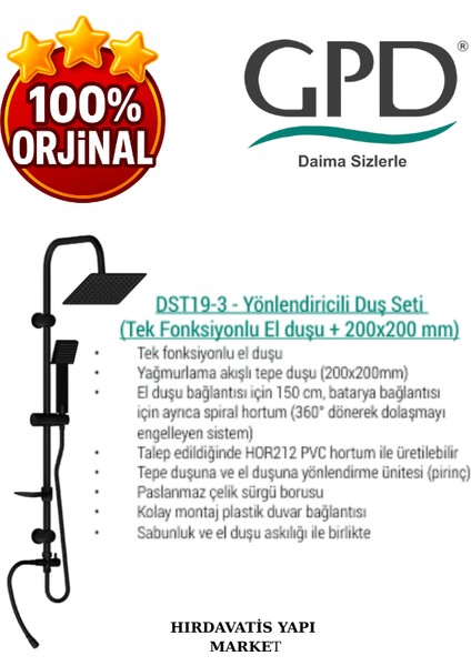 DST19-3-S Yönlendiricili Duş Seti (Tek Fonksiyonlu El Duşu + 200X200) fırsatları
