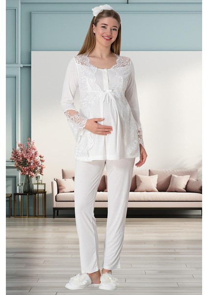 Mecit 5355 Ekru Lohusa Sabahlık Pijama Gecelik Takım modelleri