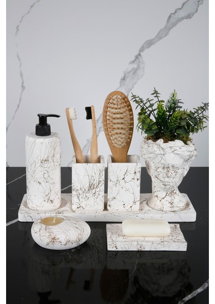 7 Parça Beton Banyo Seti, Çiçekli Saksı, Sabunluk, Diş Fırçalık, Tütsülük, Mumluk