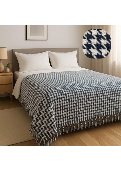 Ilmeki %100 Geri Dönüştürülmüş Iplikten Üretilmiş 200X230 cm Kazayağı Desenli Indigo Pike / Koltuk ve Yatak Örtüsü