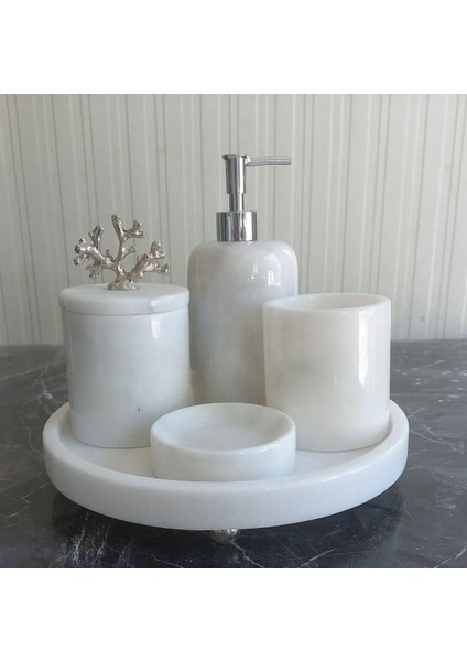 Beyaz Mermerli 5'li Banyo Seti, Şıklık ve Fonksiyonellik Bir Arada
