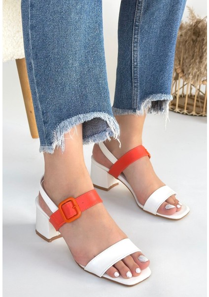 Turuncu Detaylı Önü Açık Kemerli Beyaz Topuklu Ayakkabı Cilt Beyaz Topuk Boyu 5,5 cm fiyatları