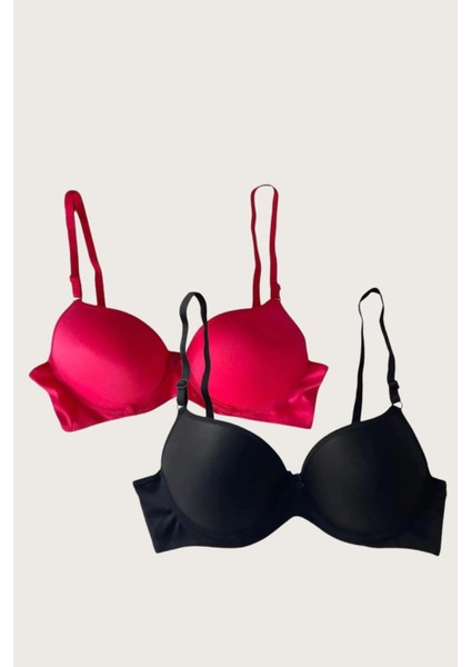 Aria's Closet Siyah-Kırmızı 2'li Mikro Kumaş Push Up Dolgulu Balenli Günlük Destekli Sütyen