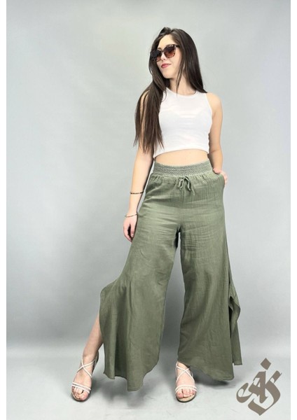 Kadın Bol Paça Pantolon - %100 Pamuk, Astarlı ve Beli Lastikli