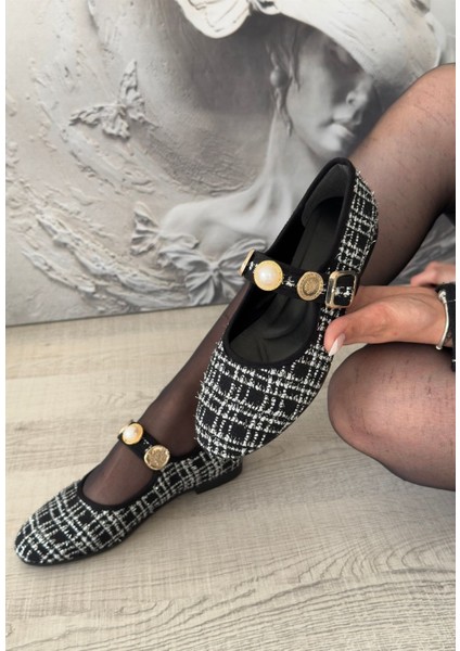 Hante Siyah Beyaz Keten Taşlı Babet Ayakkabı fiyatları