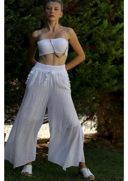 Kadın Bol Paça Pantolon - %100 Pamuk, Astarlı ve Beli Lastikli