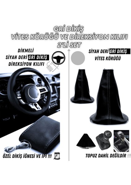 Renault 26 Uyumlu Dikişli Siyah Deri Oto Direksiyon Kılıfı ve Vites Körüğü 2'li Set