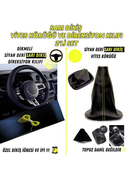 Fiat Linea Uyumlu Dikişli Siyah Deri Oto Direksiyon Kılıfı ve Vites Körüğü 2'li Set