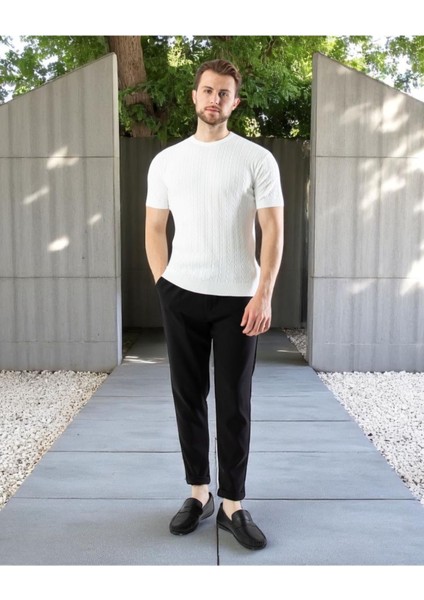 Erkek Bisiklet Yaka Örgü Tişört | Yazlık Kısa Kollu Slim Fit Kazayağı Dokulu