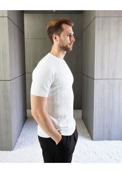 Erkek Bisiklet Yaka Örgü Tişört | Yazlık Kısa Kollu Slim Fit Kazayağı Dokulu fırsatları