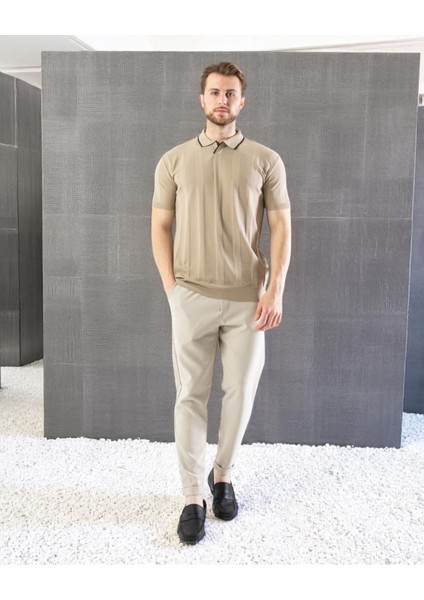 Erkek Polo Yaka Örgü Tişört | Dikey Desenli Kısa Kollu Yazlık Model