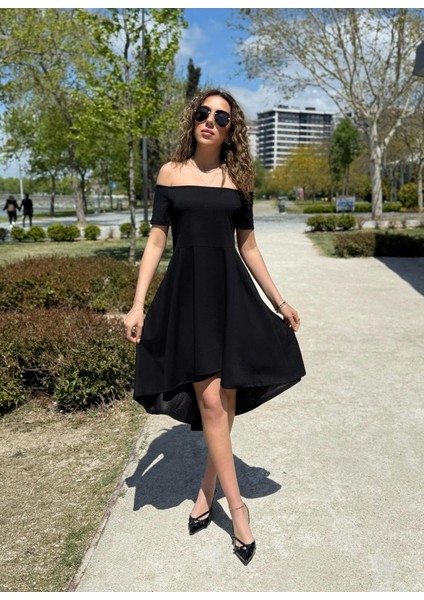 Kadın Kısa Kollu Madonna Yaka Önü Kısa Arkası Uzun Ithal Krep Elbise