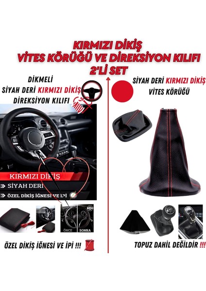 Renault 26 Uyumlu Dikişli Siyah Deri Oto Direksiyon Kılıfı ve Vites Körüğü 2'li Set