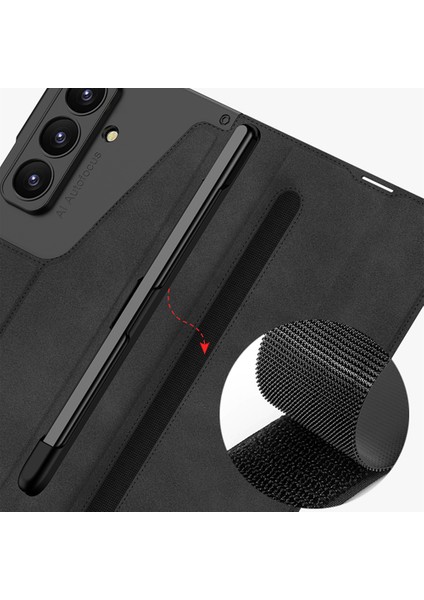 Galaxy Z Fold 7 Kılıf Kamera Korumalı Kadife Tasarımlı Zore Kıpta Kalem Bölmeli Fest Kapak