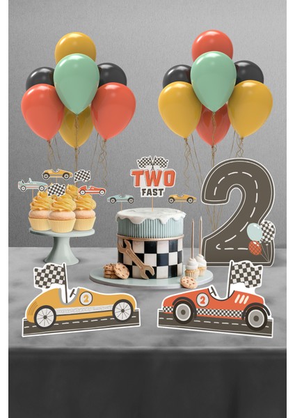 Retro Araba Temalı Two Fast 2 Yaş Doğum Günü Parti Seti - Arabalı Doğum Günü Konsepti - Mini