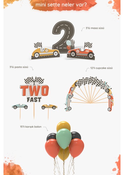 Retro Araba Temalı Two Fast 2 Yaş Doğum Günü Parti Seti - Arabalı Doğum Günü Konsepti - Mini fiyatları