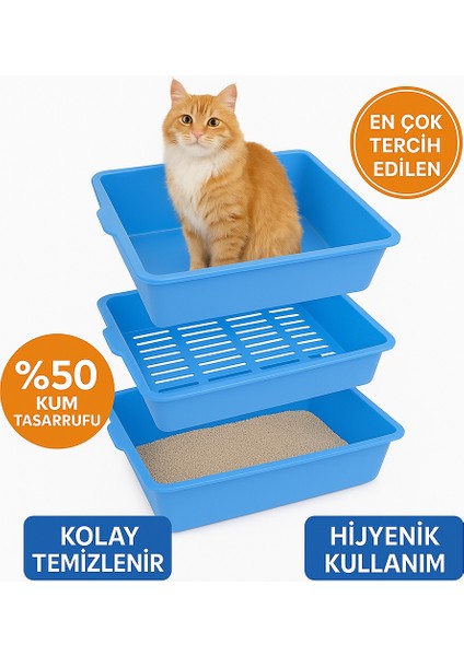 3 Katlı Elekli Kedi Tuvaleti - Kolay Temizlenebilir Kum Kabı