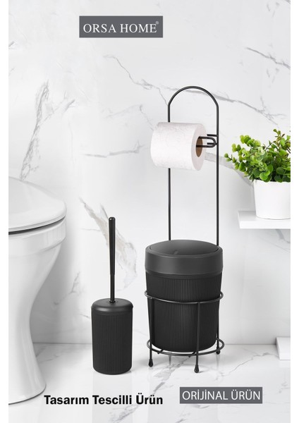 Banyo Tuvalet Kağıtlığı ve Fırça Seti Plastik Kovası Metal Standlı Mat Siyah Paslanmaz Çelik modelleri