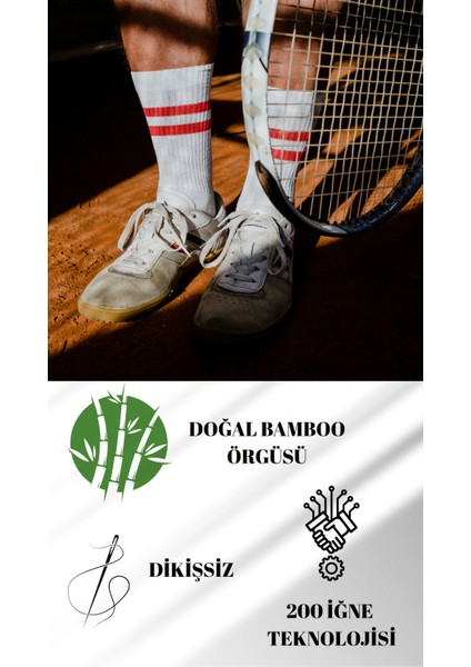Doğal Bambu,ter Emici,yumuşak Doku 3'lu Kırmızı Çizgili Tenis Çorap