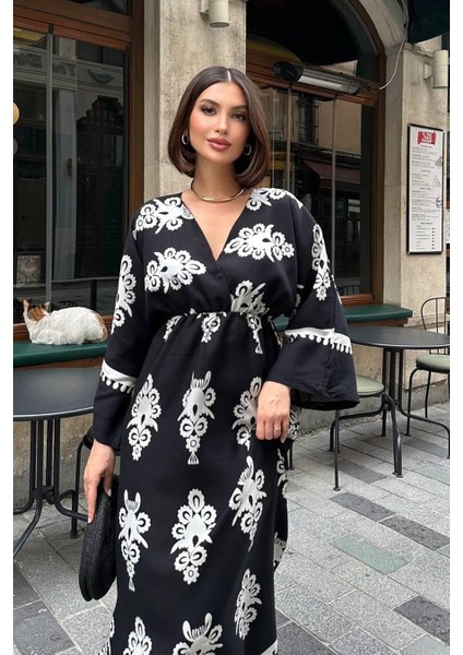 Yırtmaç Detaylı Yarasa Kol Kruvaze Yaka Uzun Yazlık Elbise fiyatları