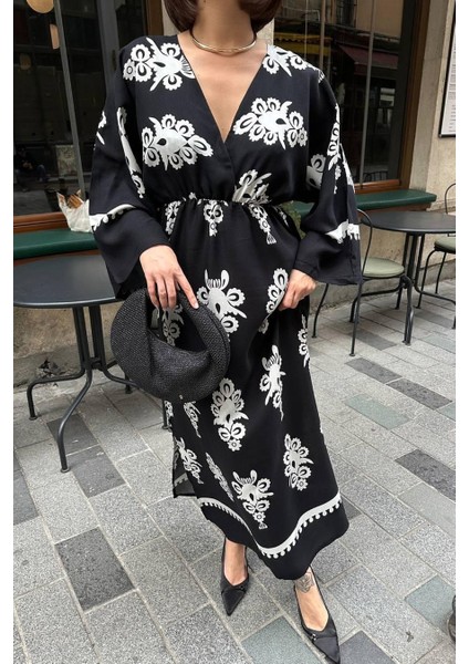 Yırtmaç Detaylı Yarasa Kol Kruvaze Yaka Uzun Yazlık Elbise fırsatları