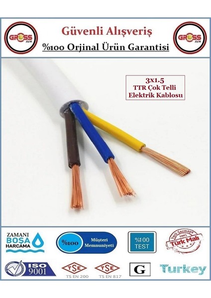 3x1.5 Ttr Elektrik Kablosu - Uzatma Ara Kablo - 2 Metre fiyatları
