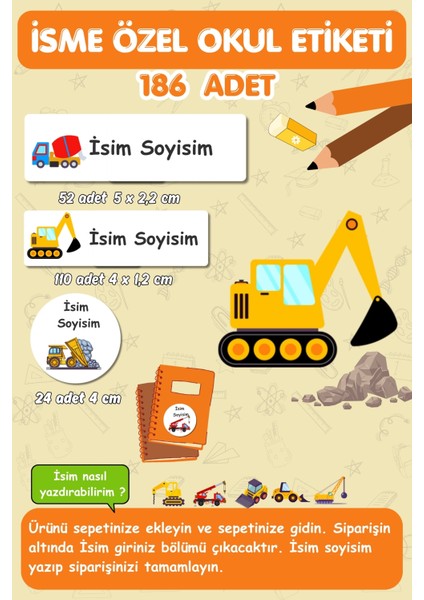 Iş Makinası Temalı Isme Özel Okul Etiketi, Defter, Kalem, Kitap Etiketi / E-022- 186 Adet