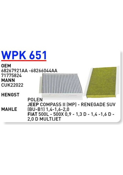 Wpk651 Oem 71775824 Fıat 500L 500X Multıjet Otomobil polen filtre pollen filter