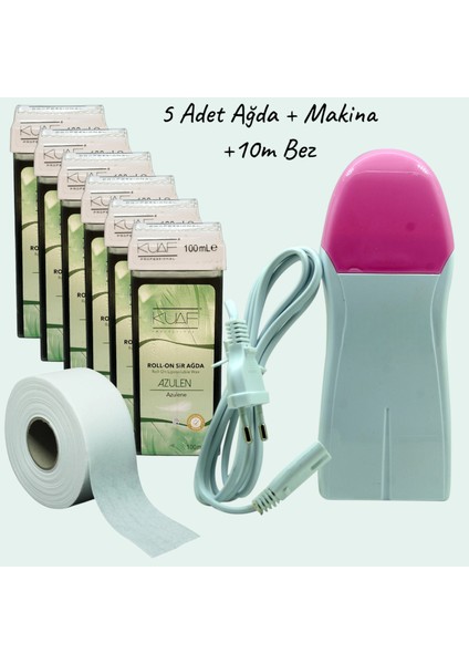 Roll On Azulen Kartuş Ağda 100ML 5 Adet + Ağda Makinası + 10 M Bez