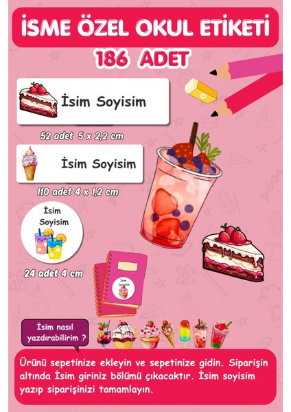 Yaz Meyve Pasta Dondurma Içecekler Okul Etiketi/Defter, Kalem, Kitap -Isme ÖZEL/186 ADET/E026