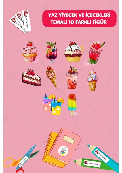 Yaz Meyve Pasta Dondurma Içecekler Okul Etiketi/Defter, Kalem, Kitap -Isme ÖZEL/186 ADET/E026 fiyatları