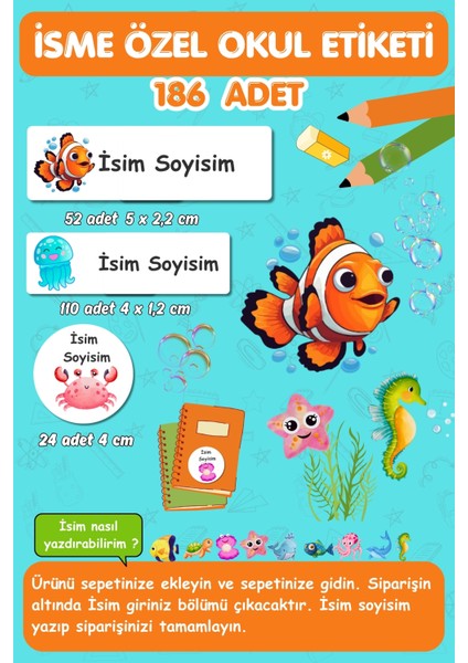 Sualtı Canlıları Isme Özel Okul Etiketi-Kalem, Defter,kitap Etiketi / 186 Adet/ E027