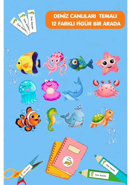 Sualtı Canlıları Isme Özel Okul Etiketi-Kalem, Defter,kitap Etiketi / 186 Adet/ E027 fiyatları