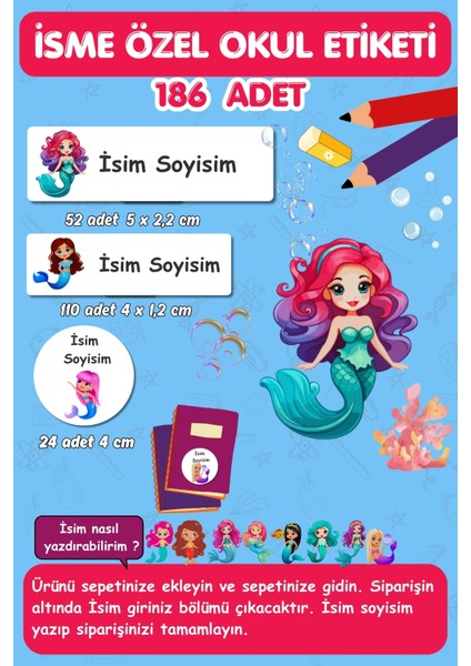 Deniz Kızları Temalı Isme Özel Yazılabilen Etiket/ 186 Adet- Defter-Kalem-Kitap/ E025-OKUL Etiketi