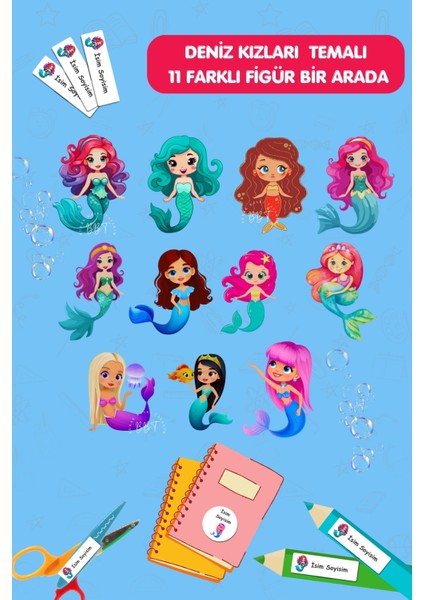 Deniz Kızları Temalı Isme Özel Yazılabilen Etiket/ 186 Adet- Defter-Kalem-Kitap/ E025-OKUL Etiketi fiyatları