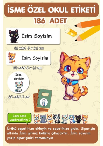 Sevimli Kedicikler Temalı Okul Etiketi-Isme Özel/kalem, Defter, Kitap ETIKETI/186 ADET/E-023