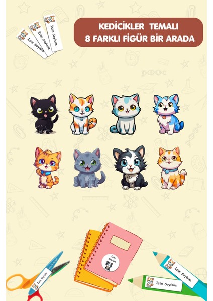 Sevimli Kedicikler Temalı Okul Etiketi-Isme Özel/kalem, Defter, Kitap ETIKETI/186 ADET/E-023 fiyatları