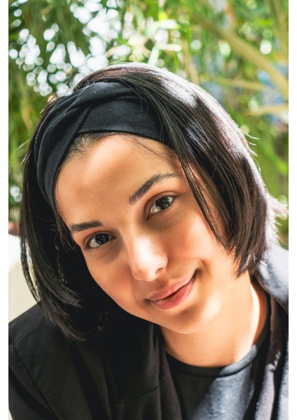 Siyah Çapraz Şık Bandana, Pamuklu, Saç Bandanası, Saç Bandı Kadın Geniş Bandana Chic Buff