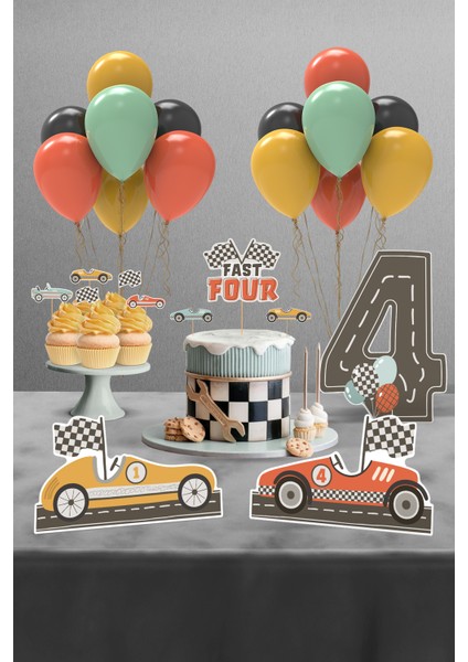 Retro Araba Temalı Fast Four 4 Yaş Doğum Günü Parti Seti - Arabalı Doğum Günü Konsepti - Mini