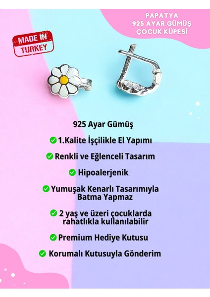 Papatya Motifli 925 Ayar Gümüş Çocuk Küpesi, Kız Çocuk Küpesi, Çocuk Gümüş Küpe fırsatları