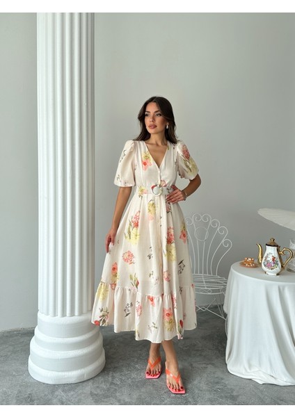 Çiçek Desenli Balon Kol V Yaka Midi Elbise