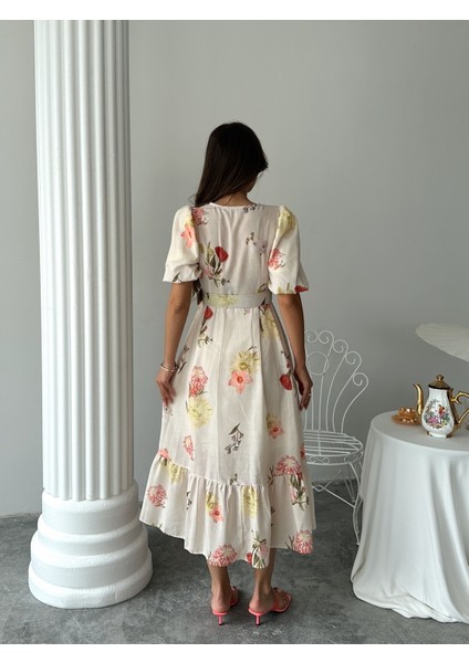 Çiçek Desenli Balon Kol V Yaka Midi Elbise fırsatları
