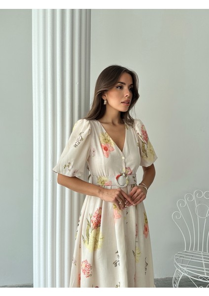 Çiçek Desenli Balon Kol V Yaka Midi Elbise indirimleri