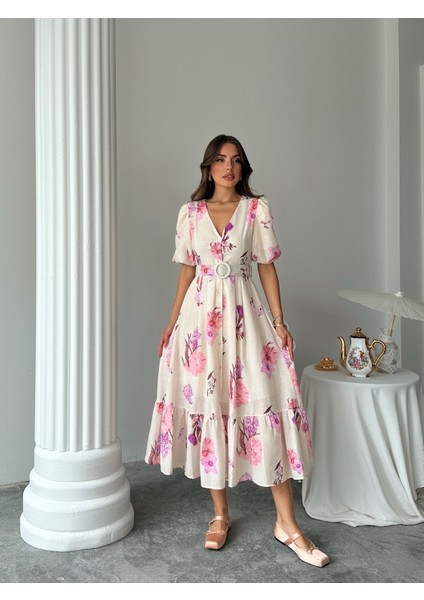 Çiçek Desenli Balon Kol V Yaka Midi Elbise