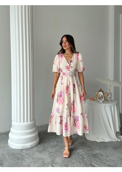Çiçek Desenli Balon Kol V Yaka Midi Elbise fiyatları