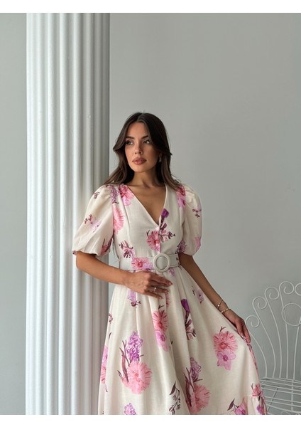 Çiçek Desenli Balon Kol V Yaka Midi Elbise fırsatları