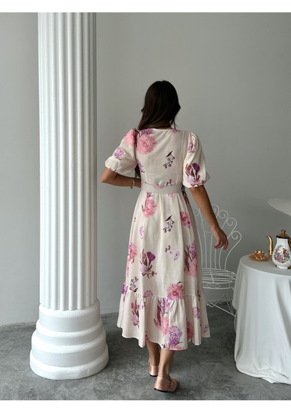 Çiçek Desenli Balon Kol V Yaka Midi Elbise indirimleri