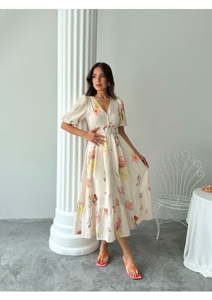 Çiçek Desenli Balon Kol V Yaka Midi Elbise fiyatları