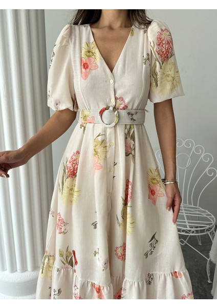 Çiçek Desenli Balon Kol V Yaka Midi Elbise modelleri